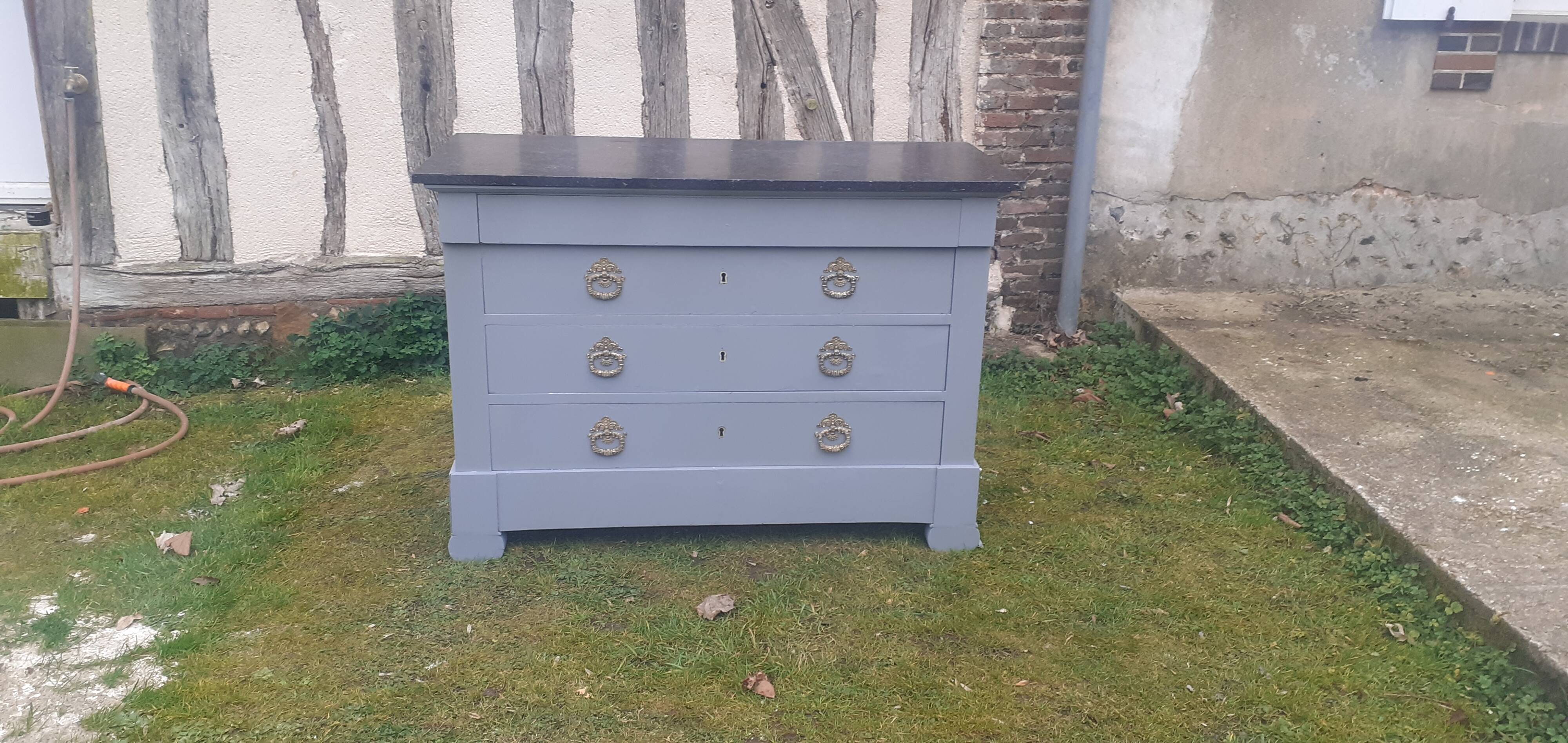 Antique 4-drawer chest of drawers, Gustave grey, 3 dark grey marble