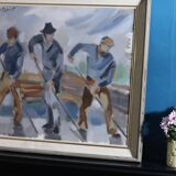 Peinture à l'huile sur toile suédoise du milieu du siècle « Ouvriers en mouvement » par Ivar Hjertquist (1907-1983)