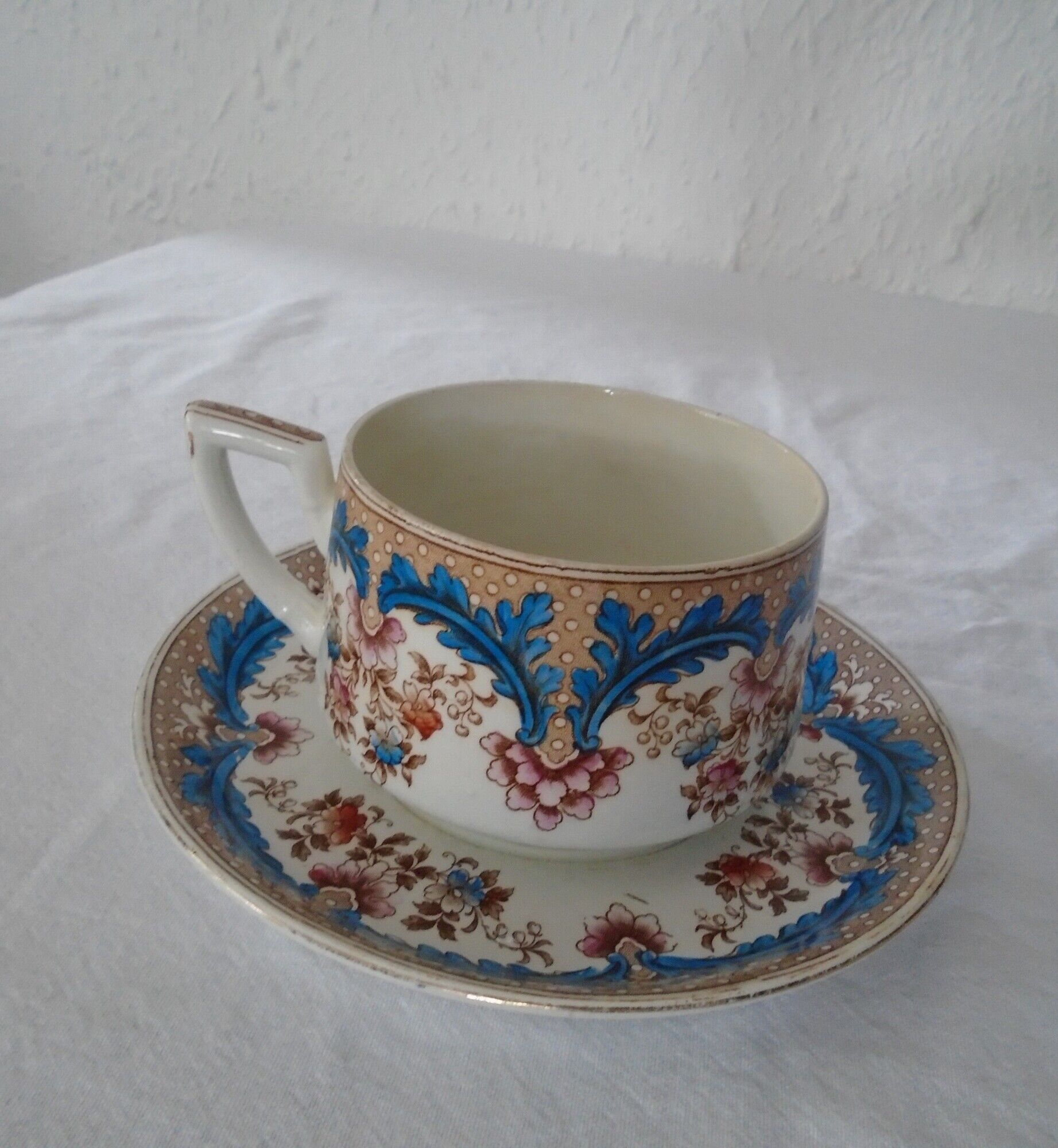 Cup and saucer floral décor faience fine BFK Boch Brothers Keramis old