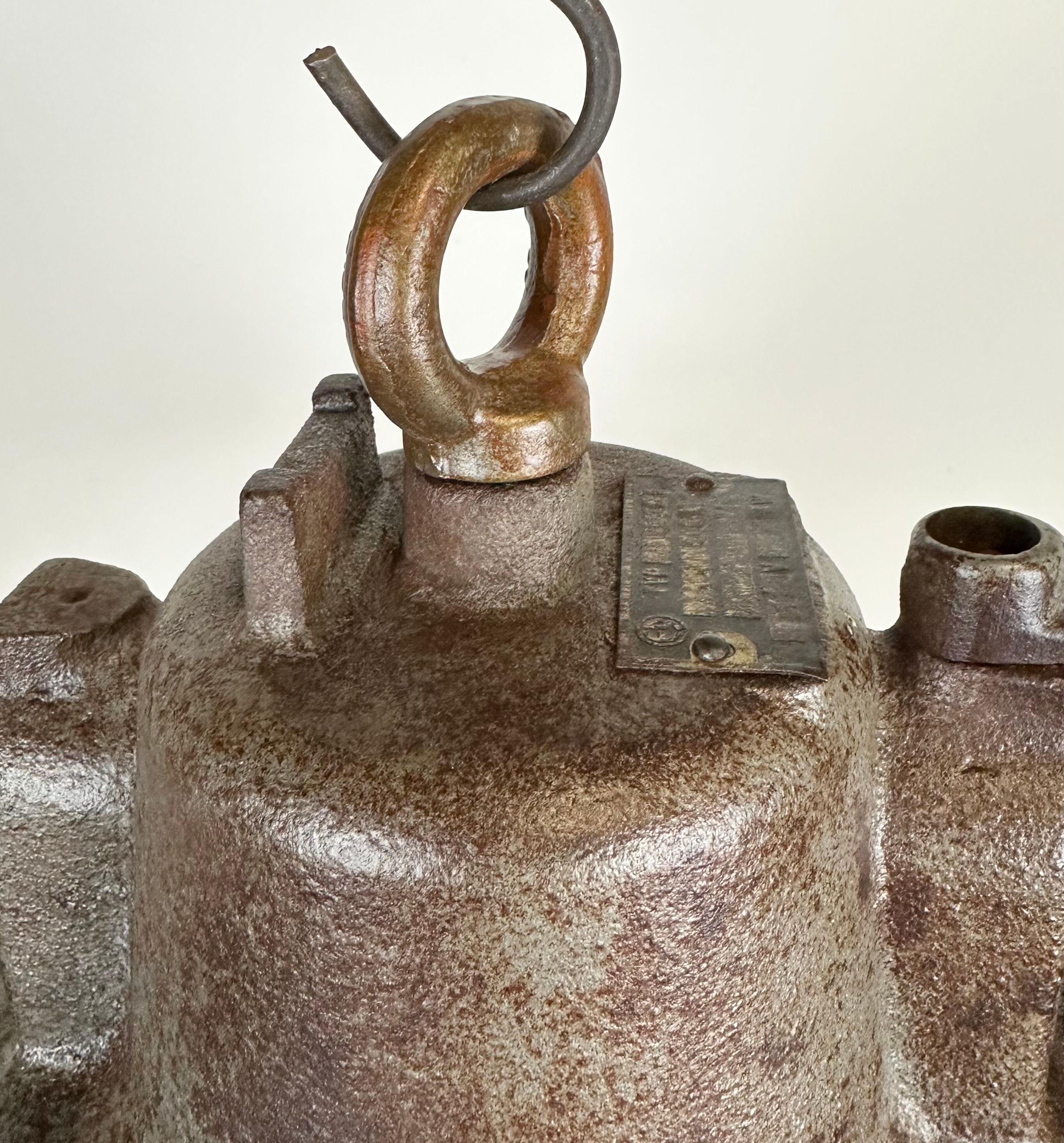 Black enamel and cast iron industrial cage pendant light, 1950s