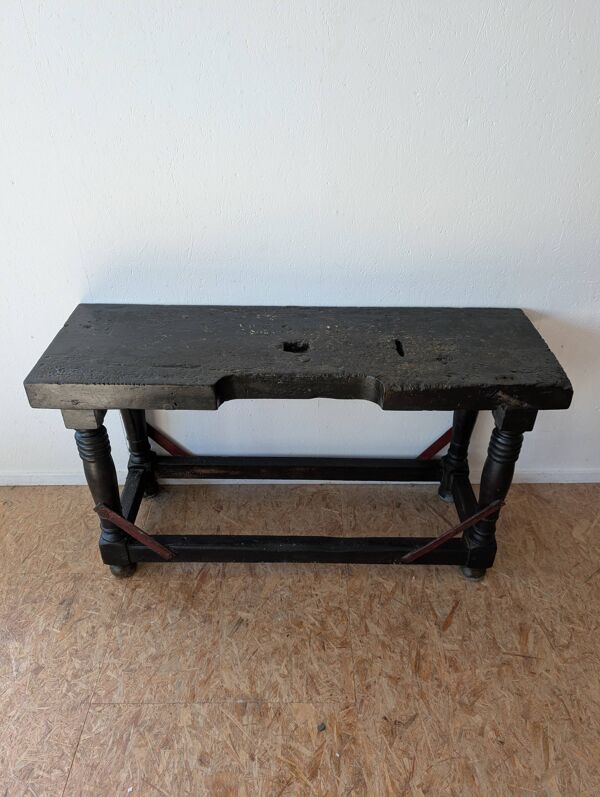 Console / ancien établi bijoutier bois massif, pieds tournés