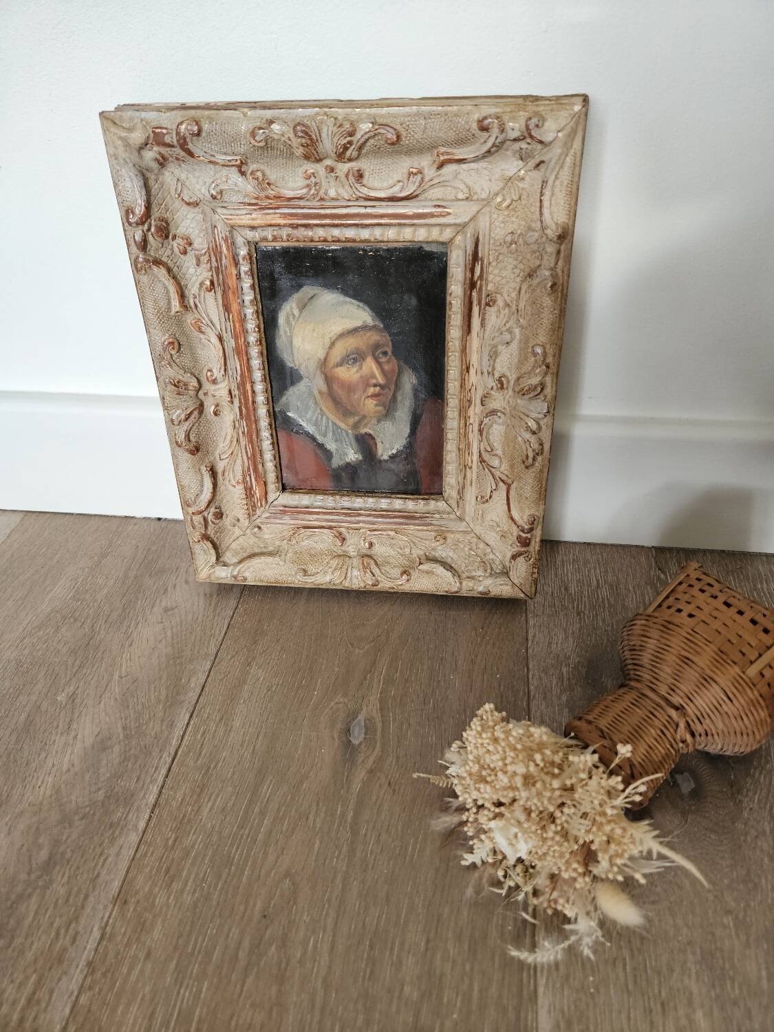 Oil on mounted paper - Portrait of a peasant woman signed, 18th century