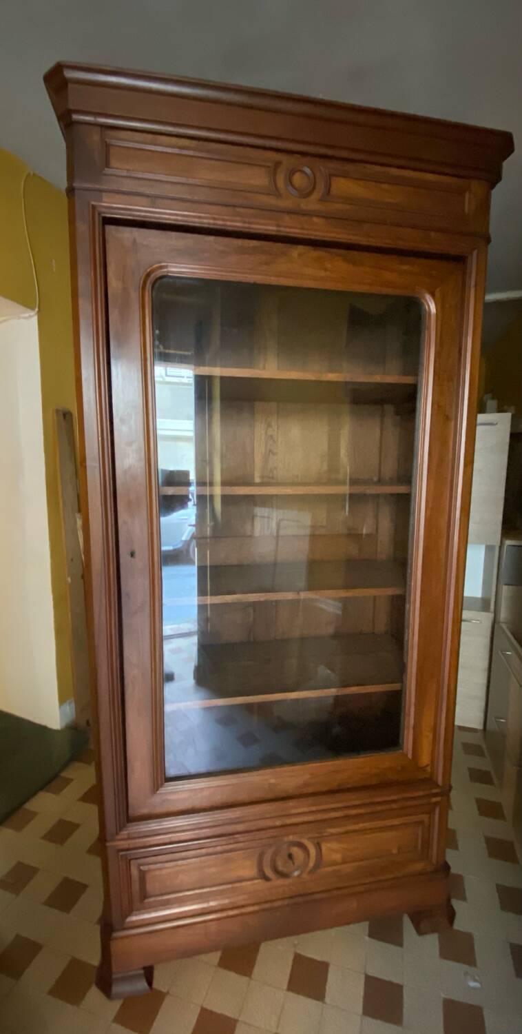 Walnut display cabinet with drawer