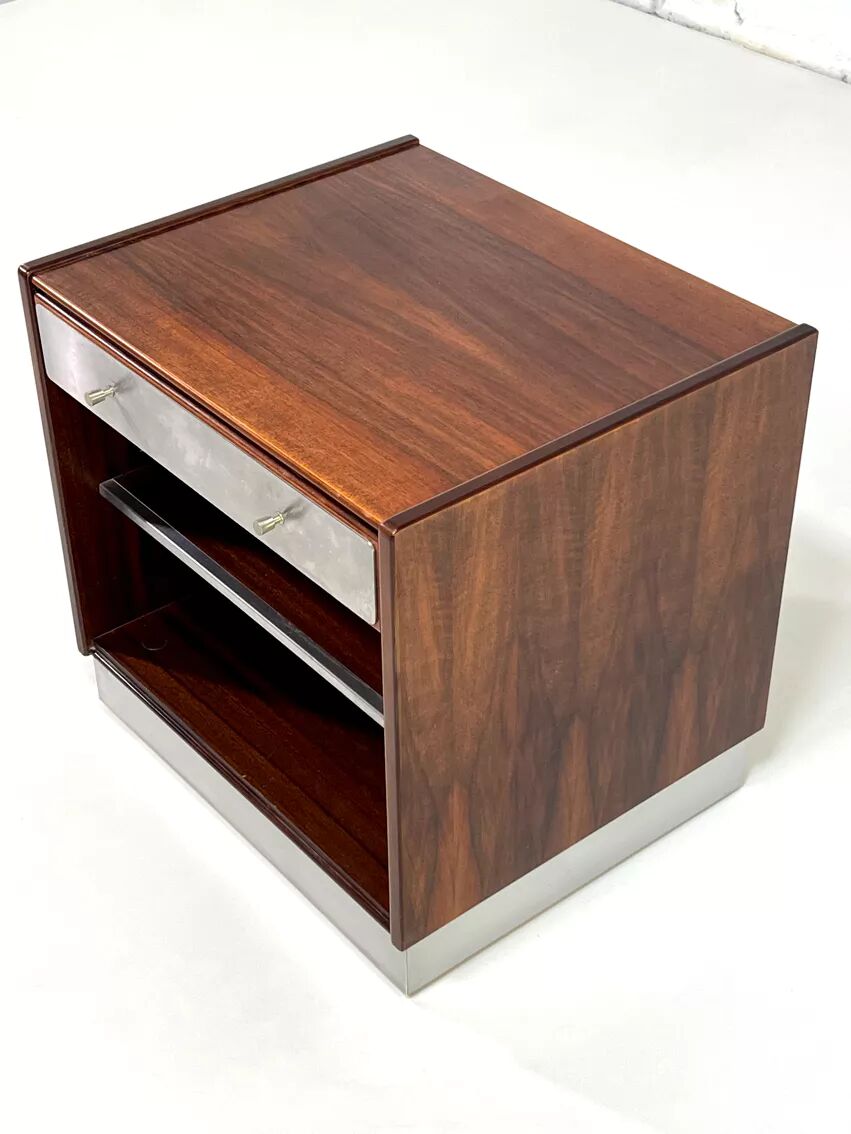 Vintage bedside table in rosewood and brushed aluminum