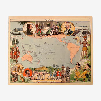Affiche ancienne carte illustrée de l'Océanie de 1948 - JP Pinchon