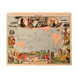 Affiche ancienne carte illustrée de l'Océanie de 1948 - JP Pinchon