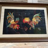 Old tapestry canvas g. perrin roosters signed + wooden frame #b549
