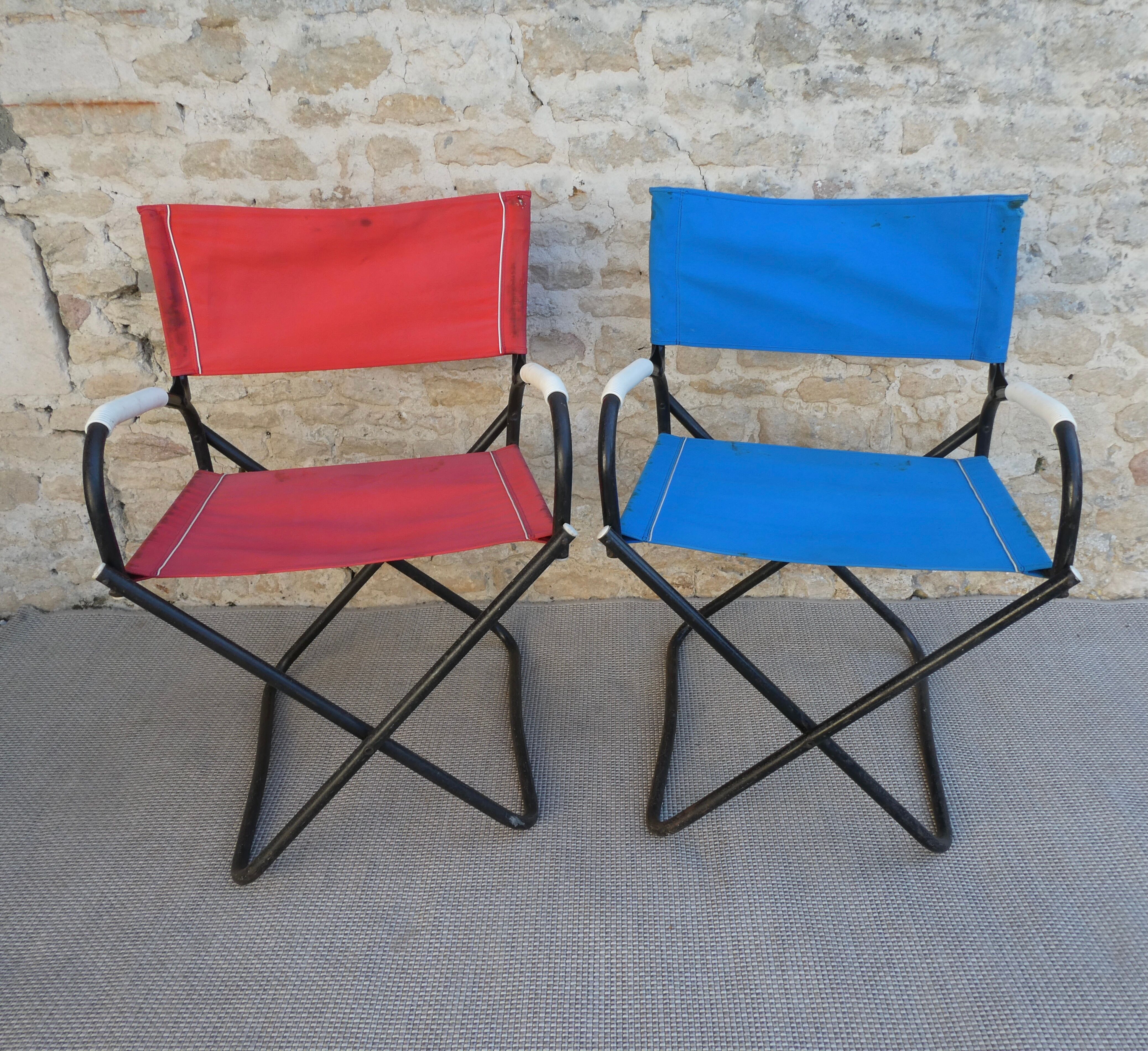 Pair of folding armchairs from the 60s, in metal and fabric