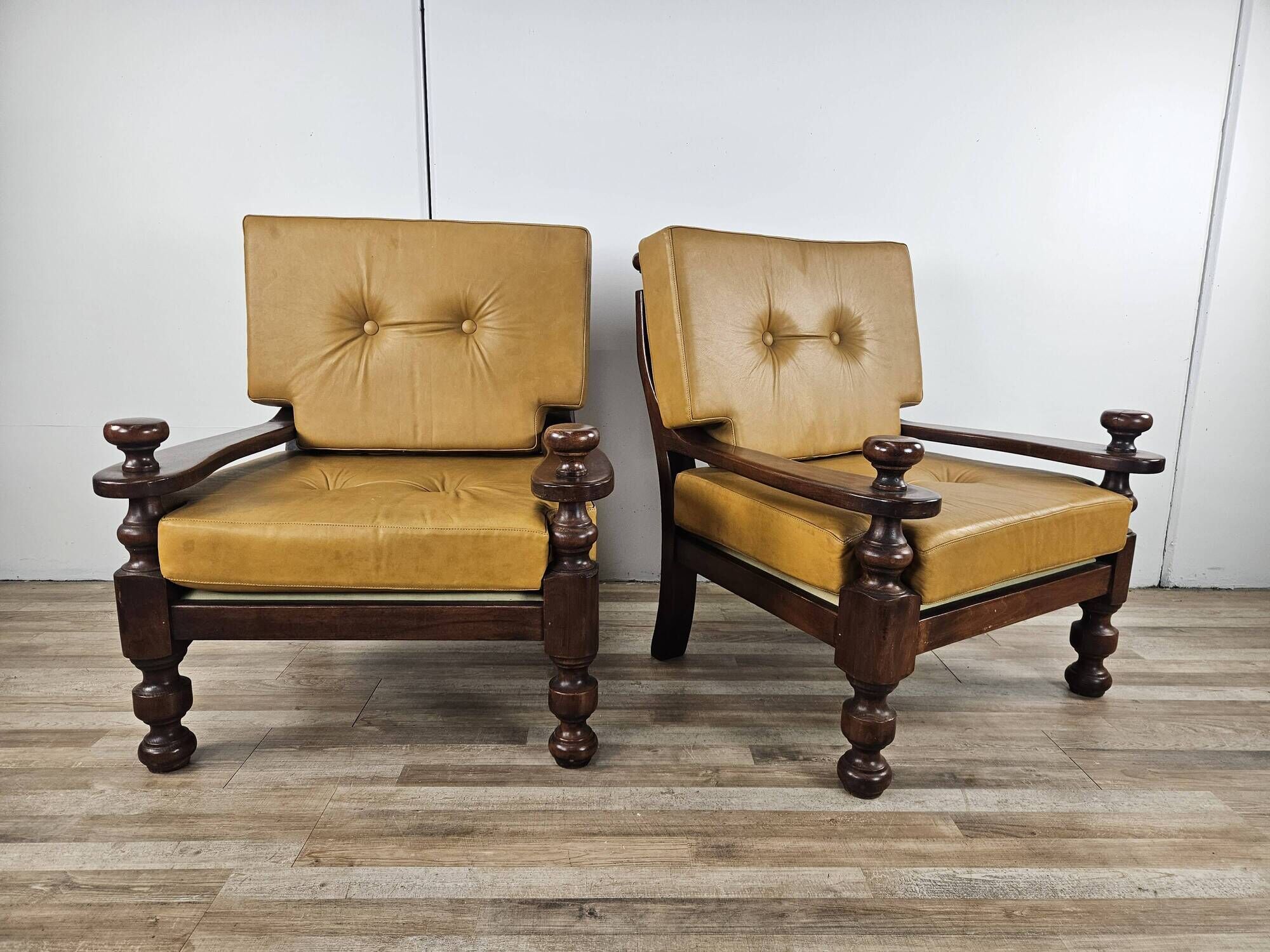 1980s leather and solid wood armchairs