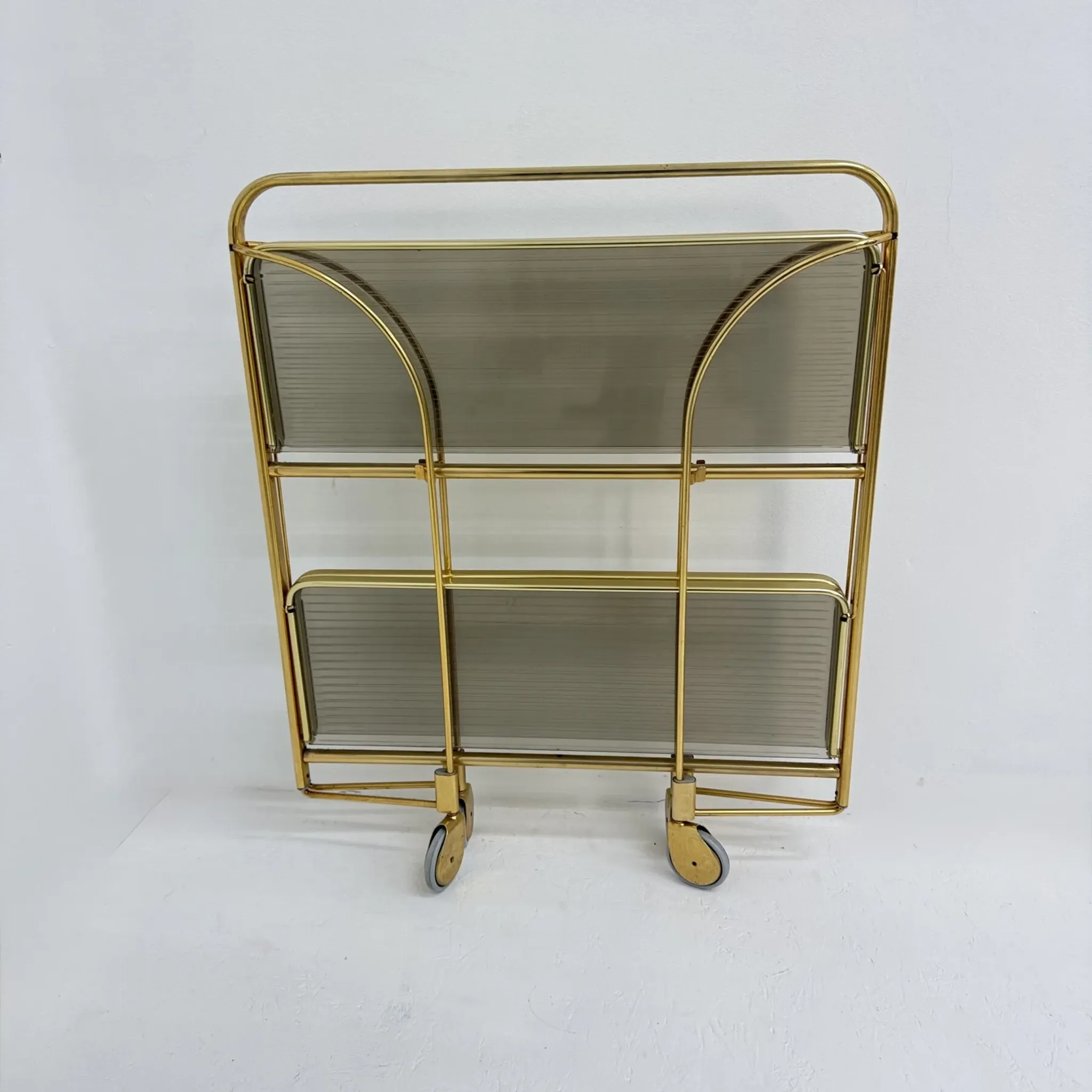 Mid-century modern folding bar cart in brass and ribbed acrylic glass, 1970s