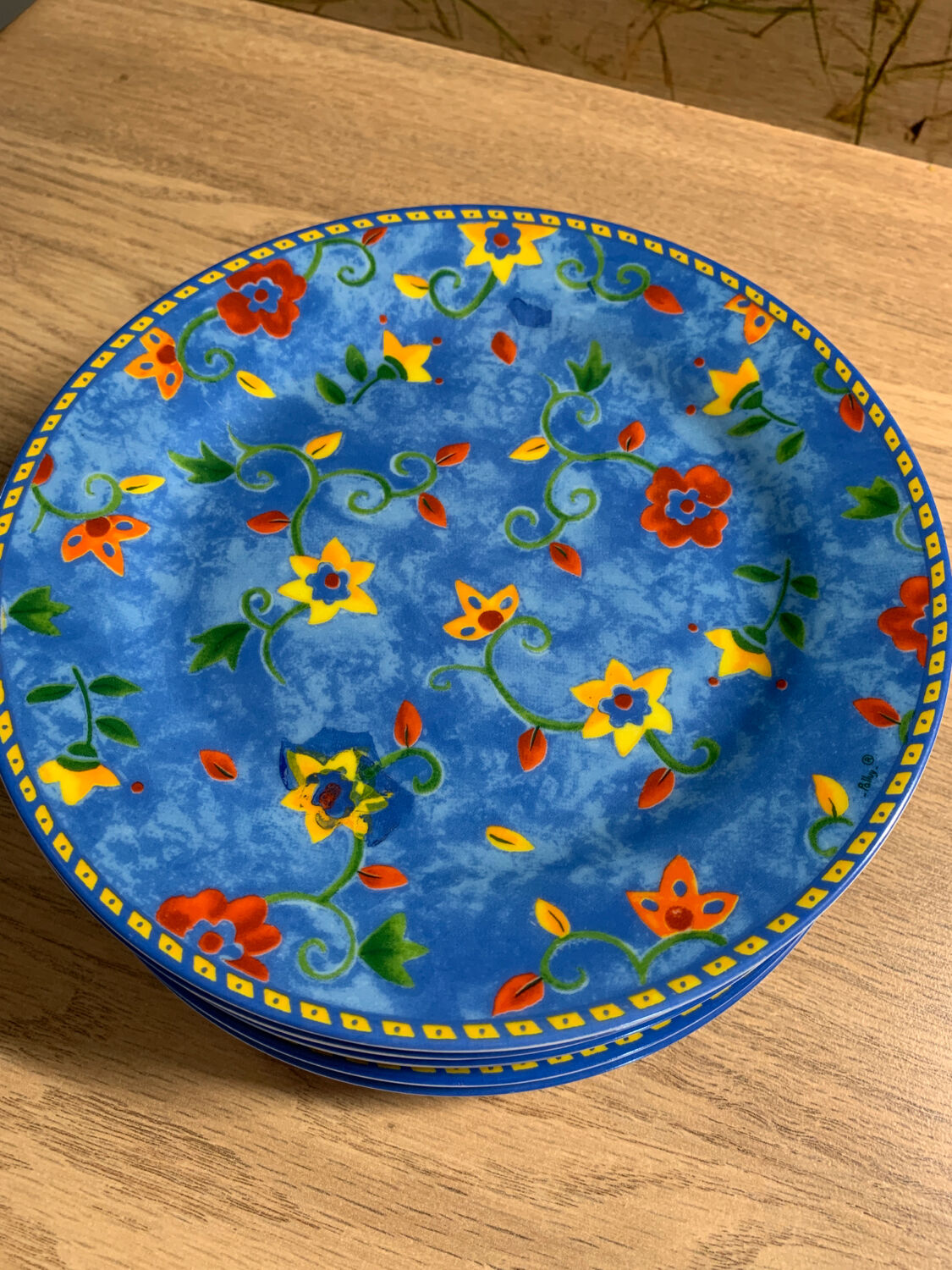 6 assiettes  plates vintage bleu/fleurs 19,5cm