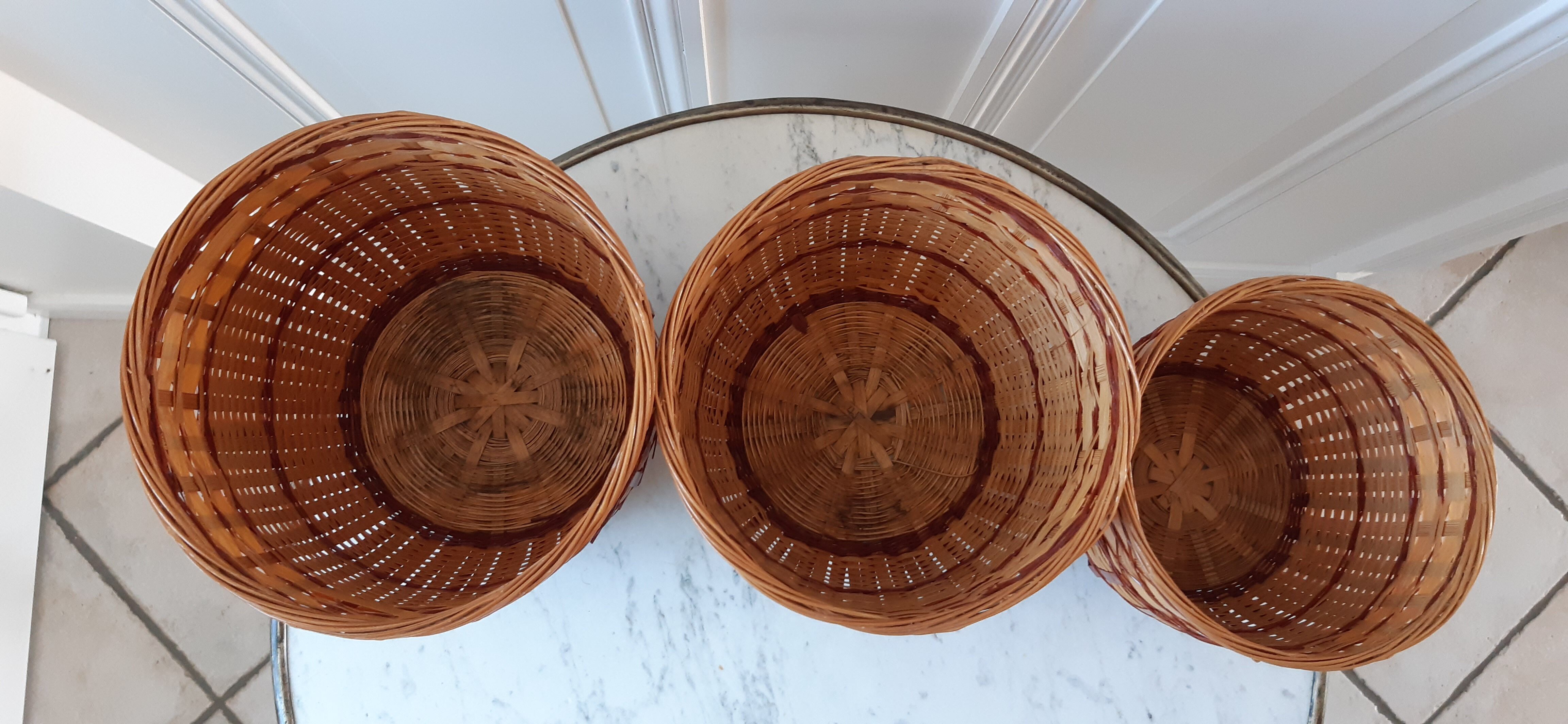 Trio of rattan and vintage bamboo pot covers 70s