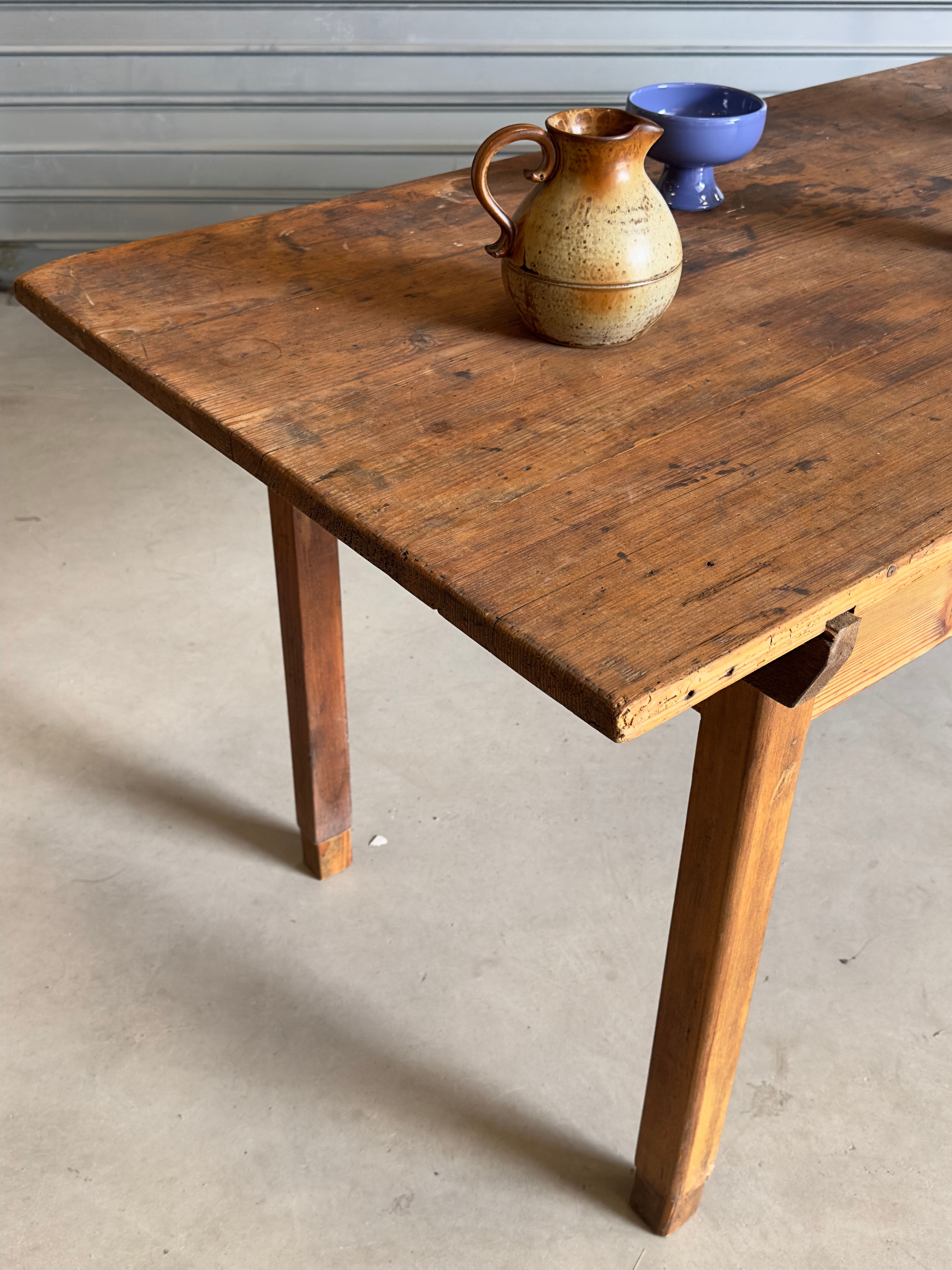 Old wooden table, farmhouse style, dining table.