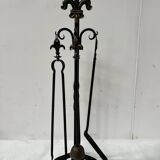 20th century wrought iron and bronze fireplace set