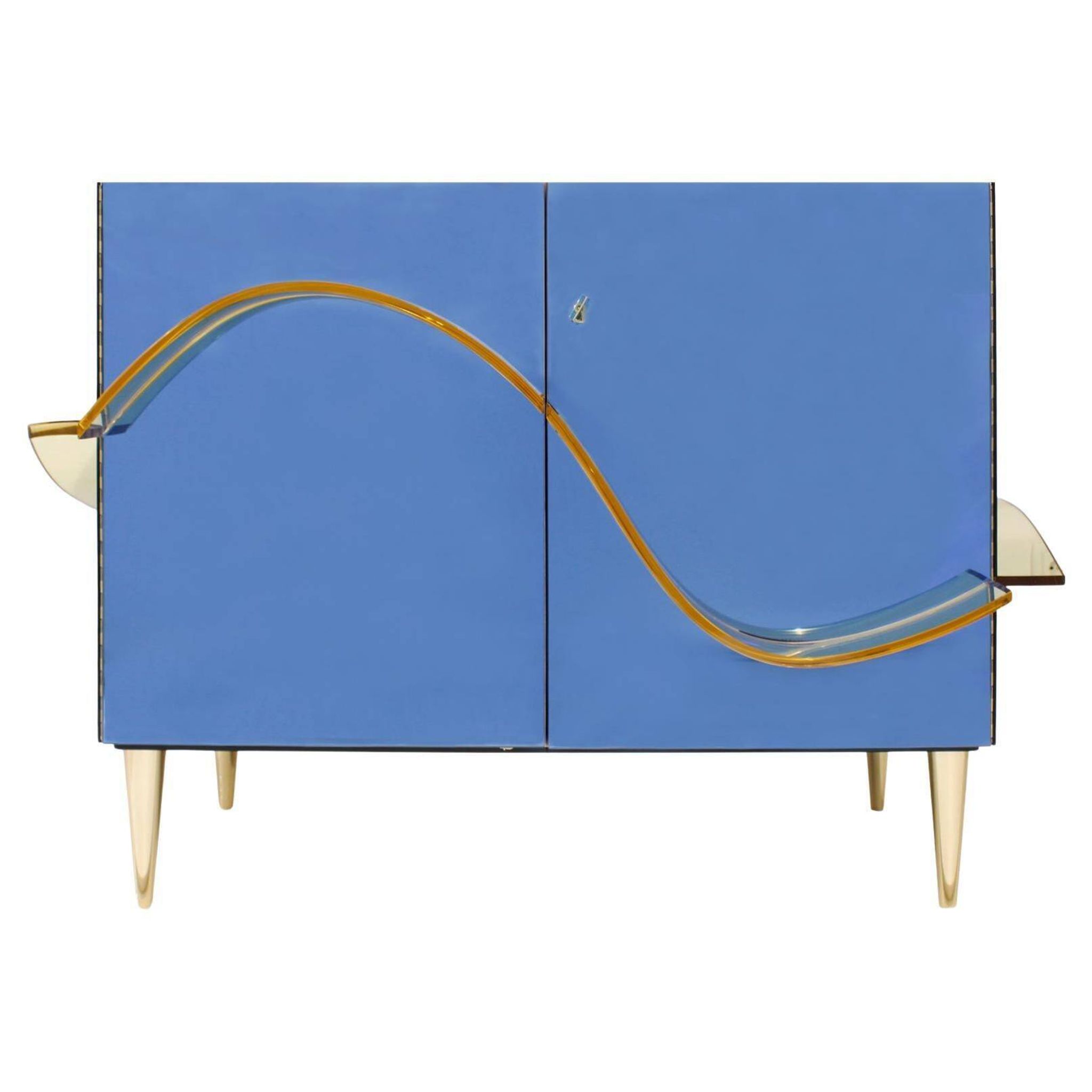 Italian Sideboard Covered In Blue and Orange Murano Mirrored Glass