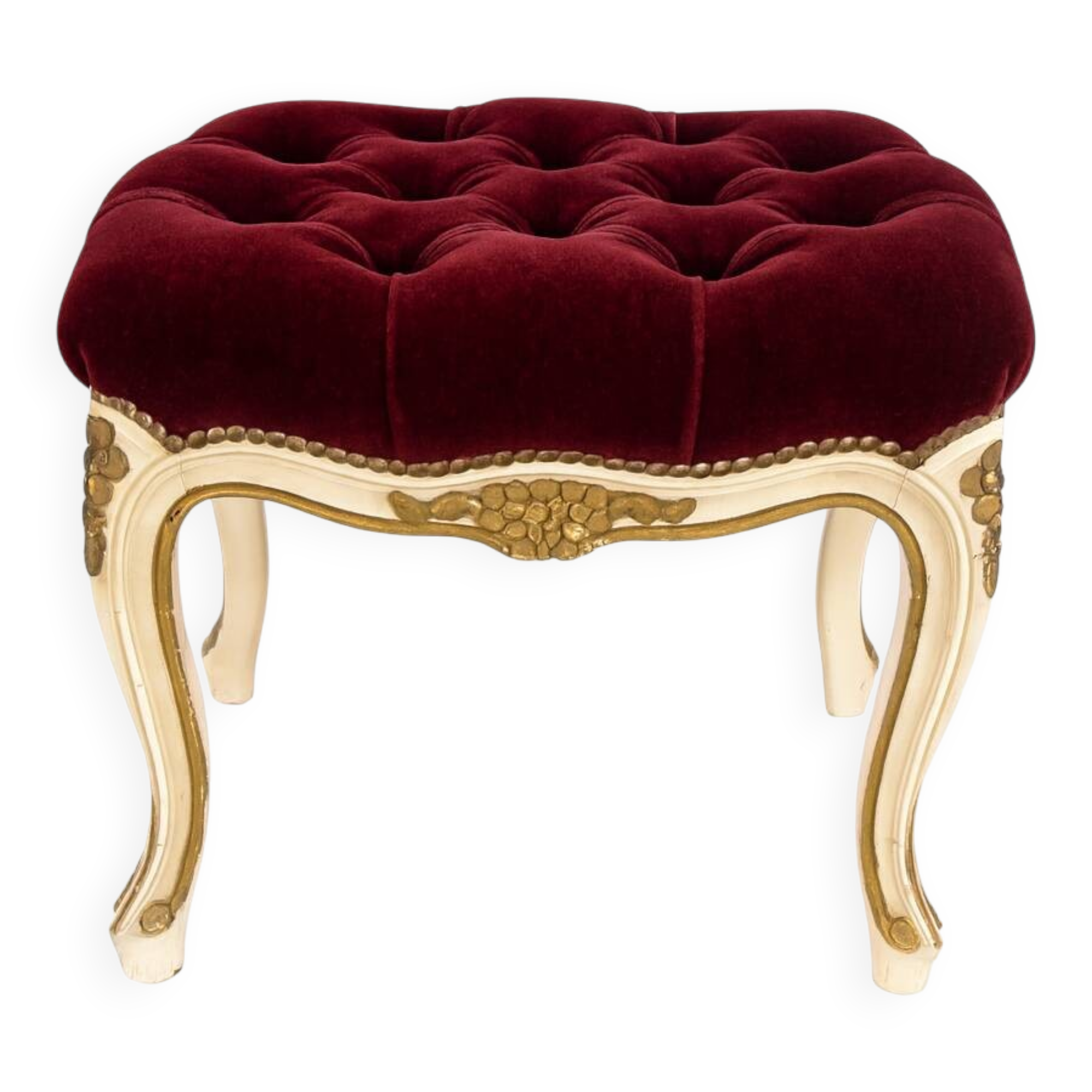 Antique upholstered stool in red velvet and carved wood