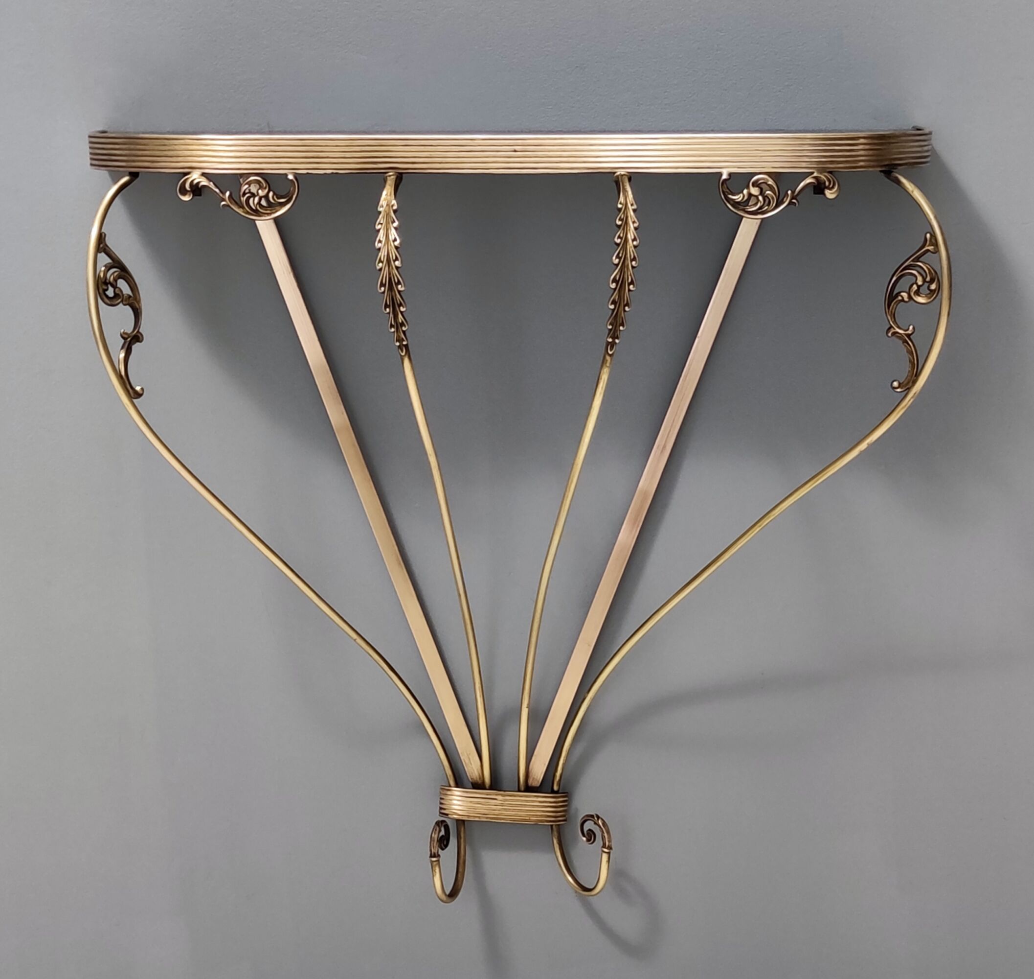 Vintage Wall Mounted Brass Console Table With Demilune Black Glass Top, Italy