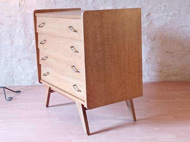Renovated vintage chest of drawers with compass legs in light gilded wood, 1950-1960