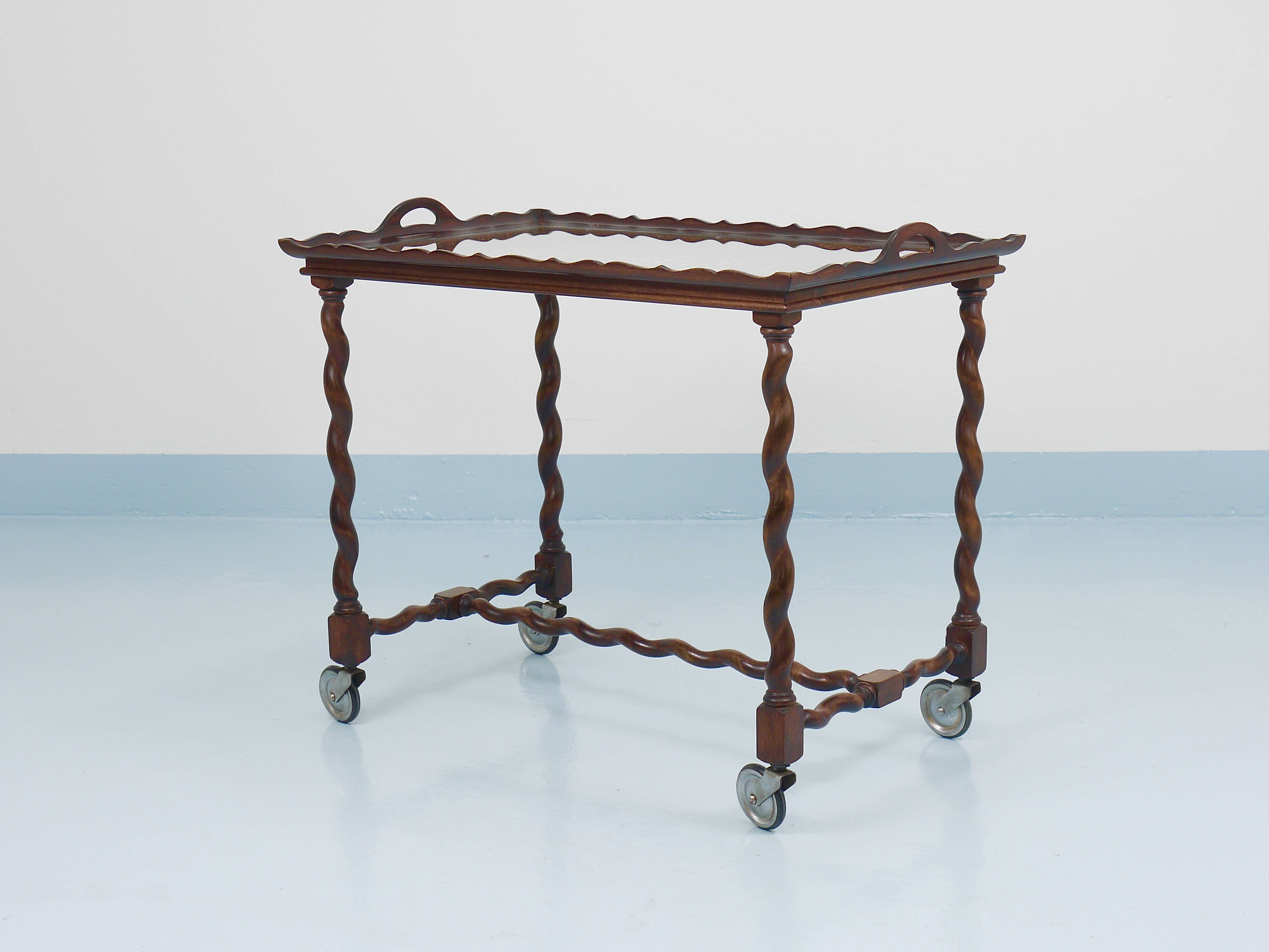 Antique Neo-Baroque Italian Barley Twist Bar Cart Serving Trolley, 1920s