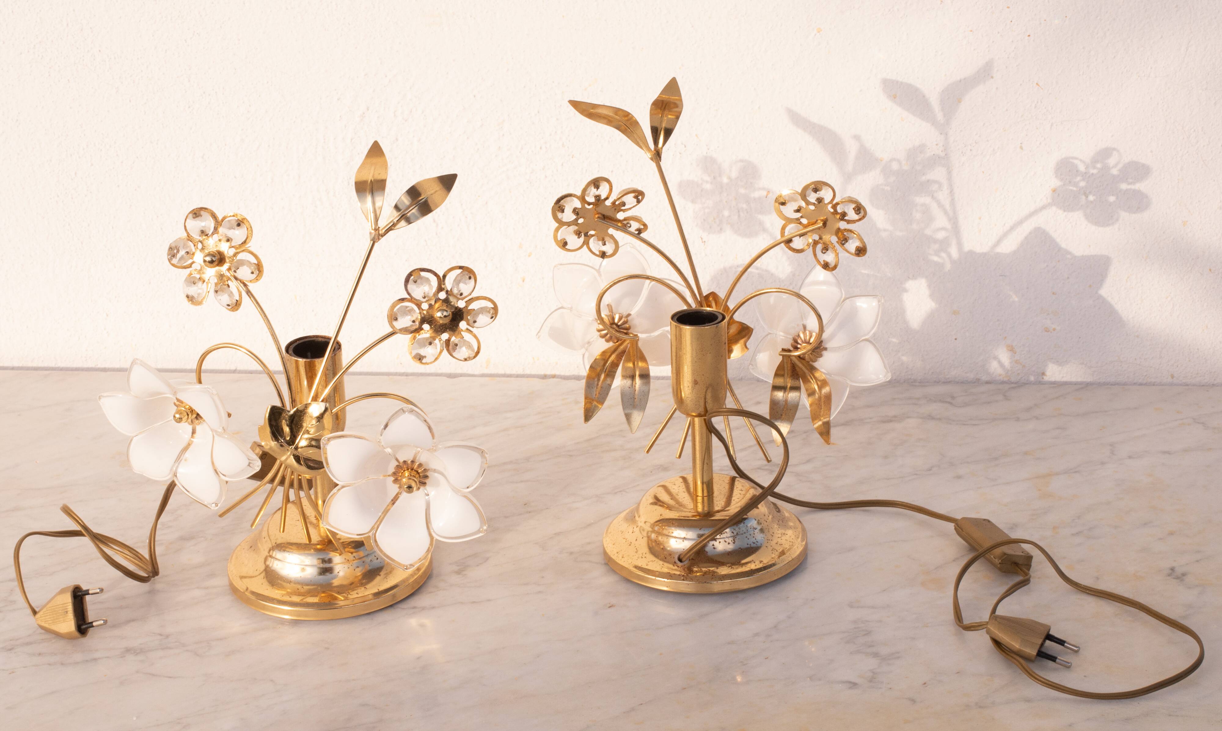 Set of 2 Murano Table Light White Flowers, 1970s