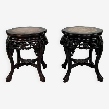 Pair of Asian harnesses in carved wood and marble tops, Indochina, Circa 1880