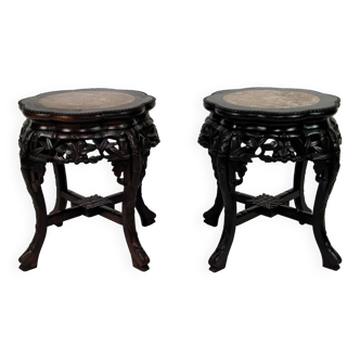 Pair of Asian harnesses in carved wood and marble tops, Indochina, Circa 1880