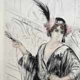 Table Color engraving "L'élégante" by Alméry LOBEL-RICHE (1880-1950)
