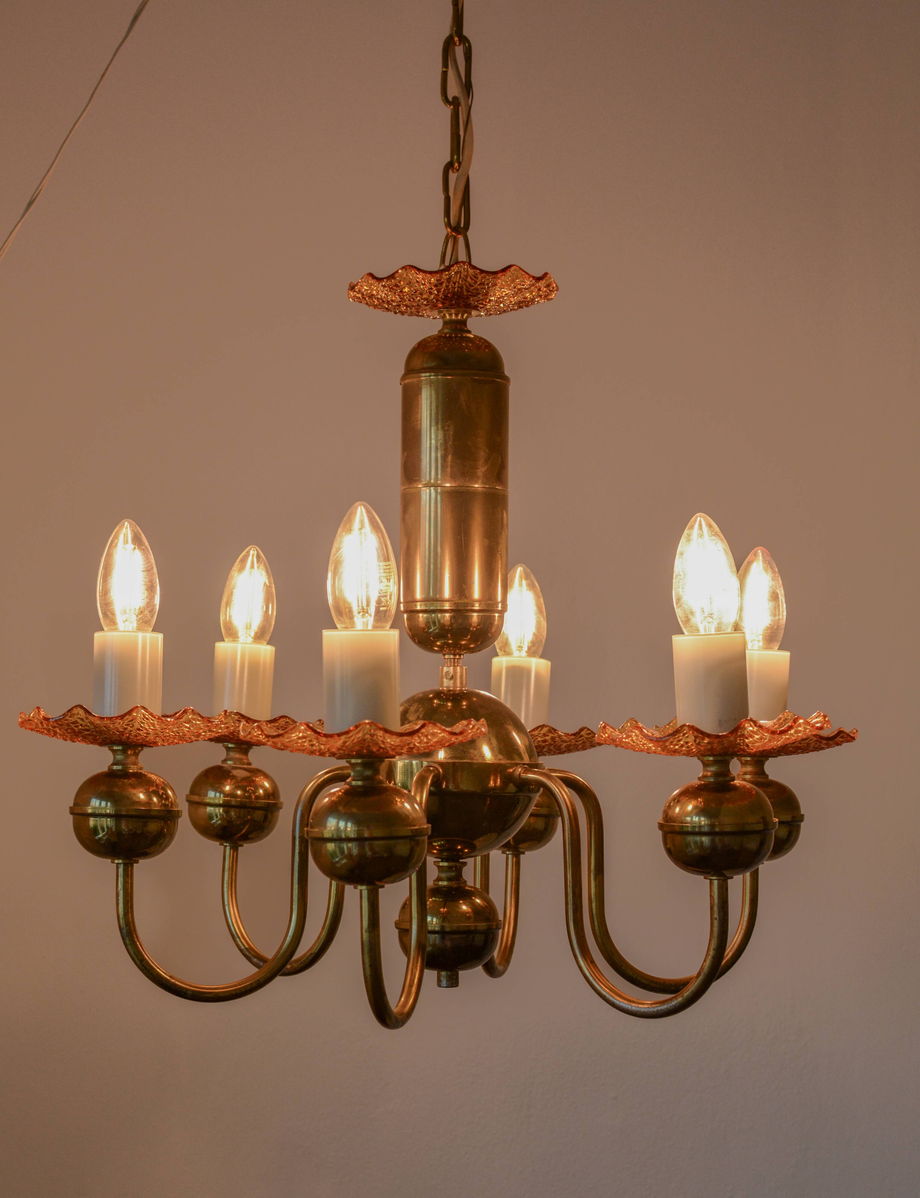 Vintage lustre Kamenický Šenov in amber glass and gold metal – Czechoslovakia