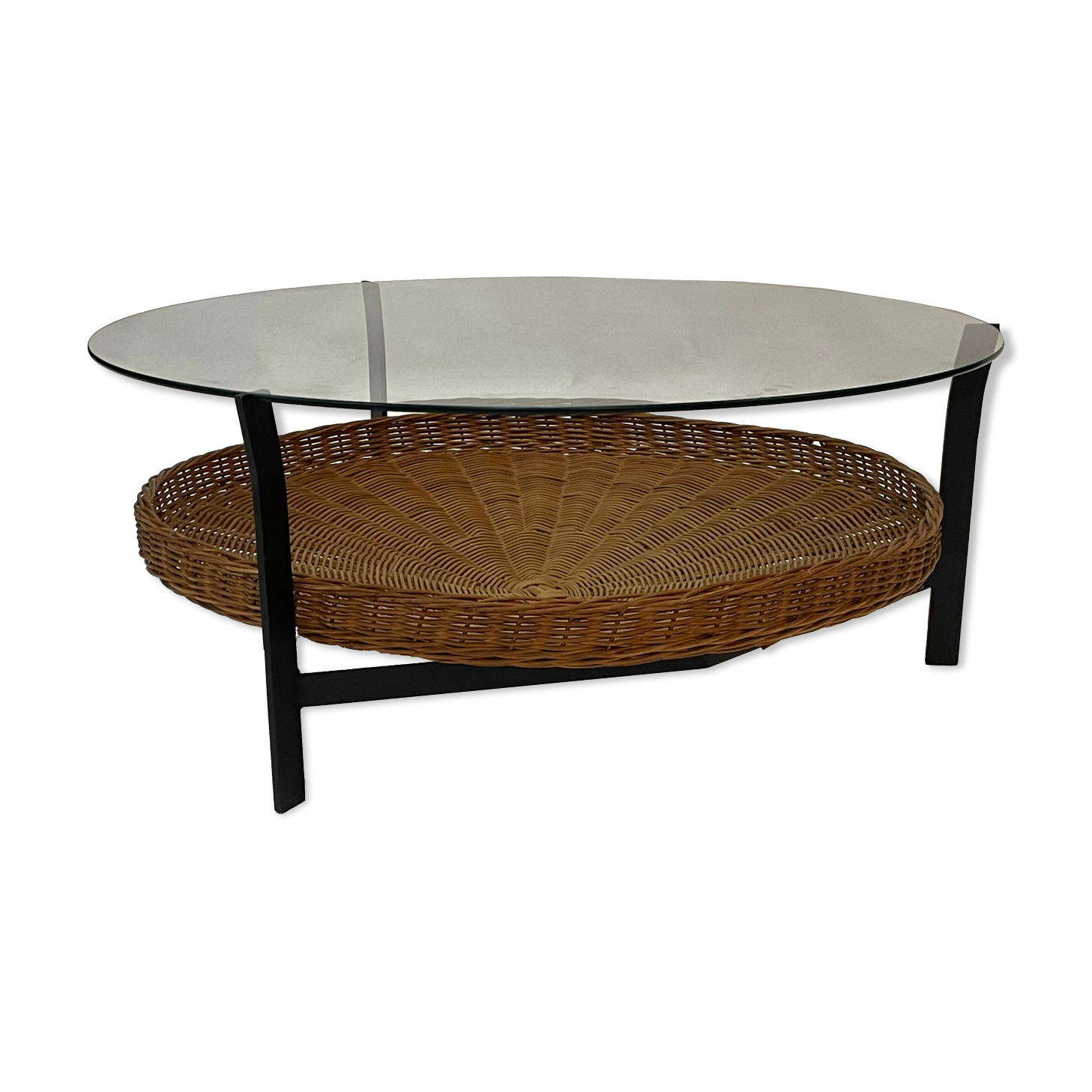 Table basse vintage minimaliste rotin métal verre 1960