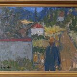 Mid-century modern swedish "forest houses", vintage abstract street scene framed oil painting