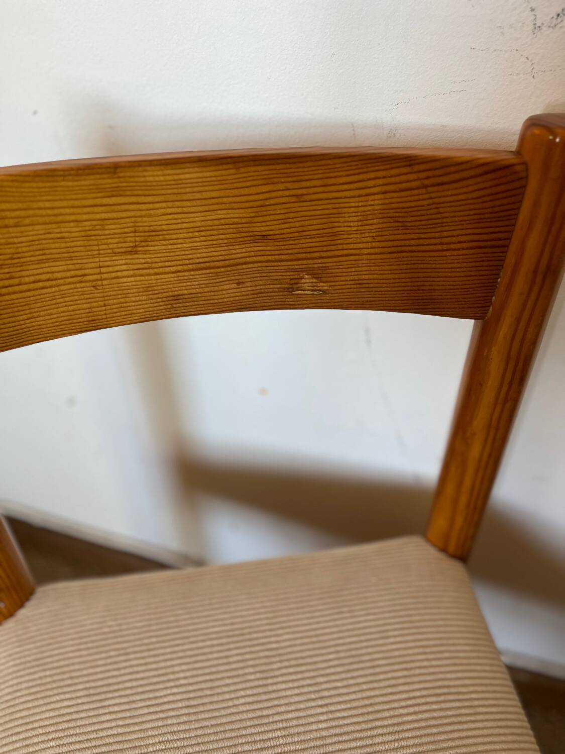 Vintage wooden chair with cream white corduroy seat