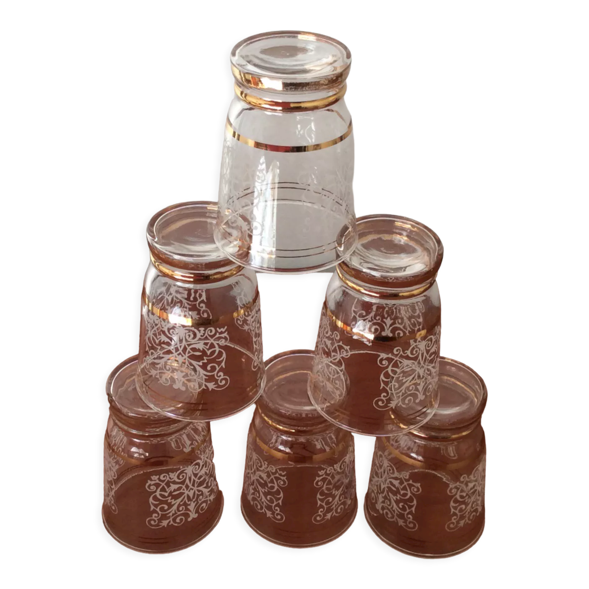 Set of 6 glasses decorations in relief arabesques white edges gilded - vintage