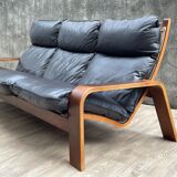Scandinavian wooden and leather sofa, 1970s