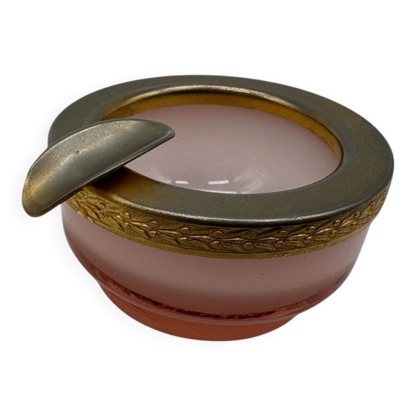 Luxueux Cendrier Vintage en Verre Rose Satiné et Monture Dorée   Vide-Poche