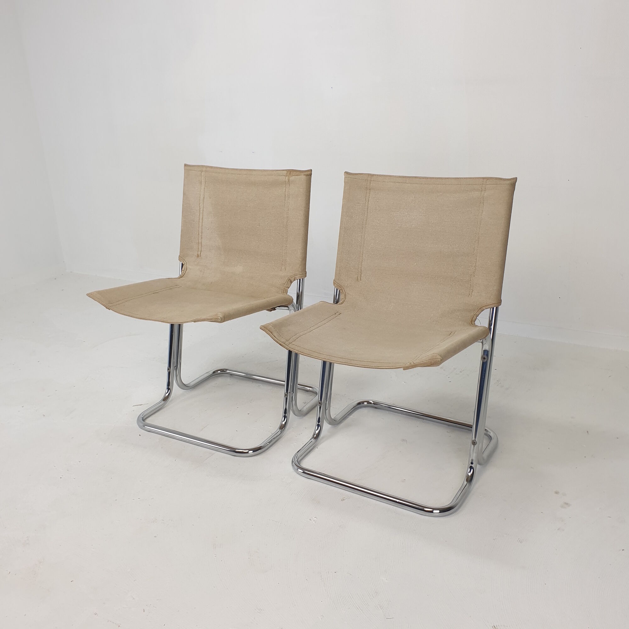 Set of 2 italian canvas and chromed metal chairs, 1970's