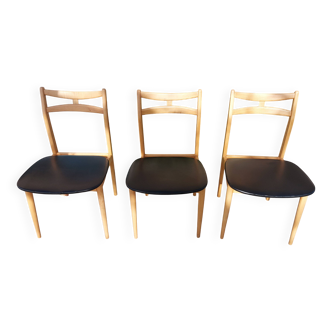 3 chaises style scandinave, bois clair et simili noir