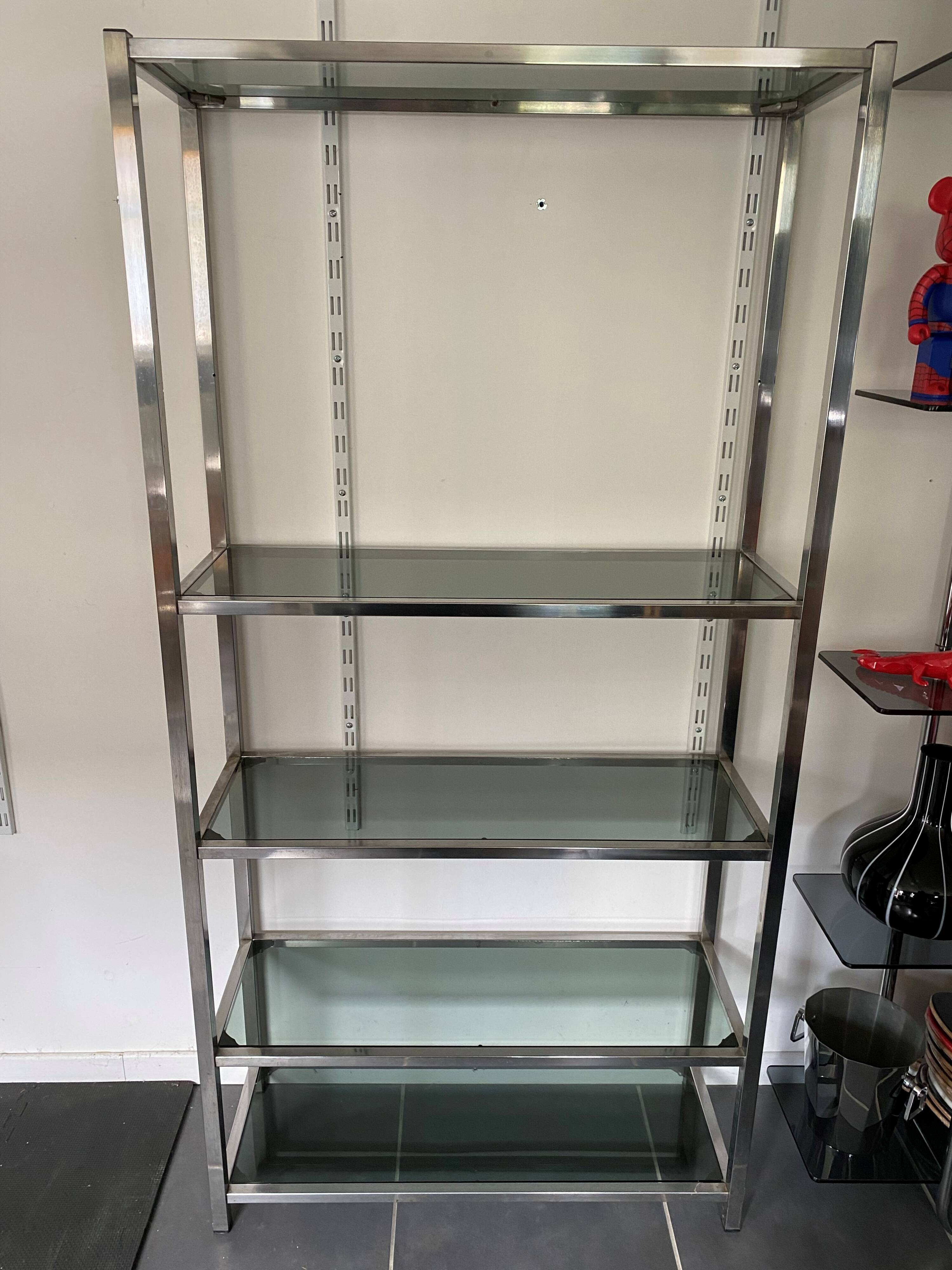 Display bookshelf modular wall shelf glass and chrome vintage 1970s