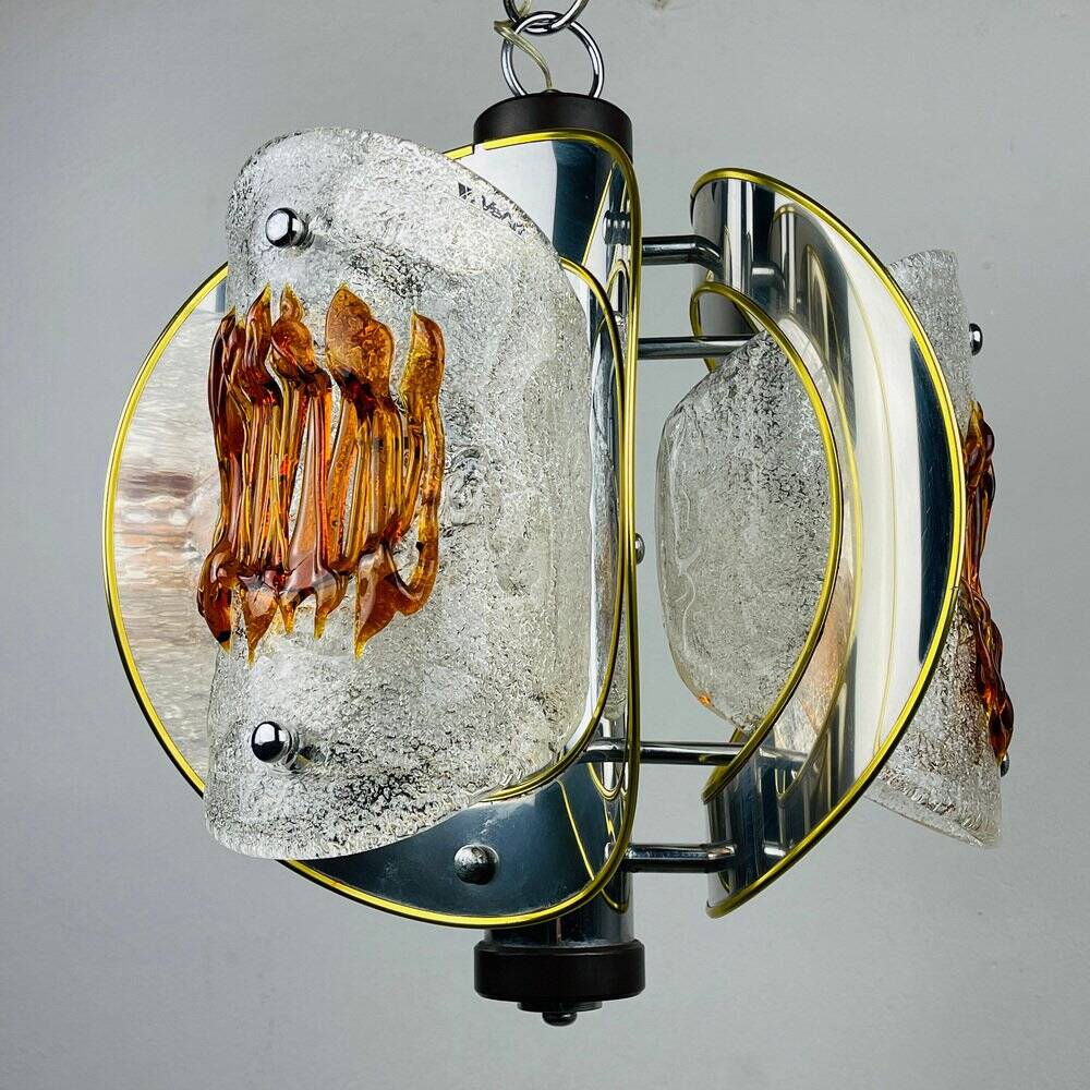 Amber mid-century chrome chandelier by Toni Zuccheri for Veart, Italy, 1970s.