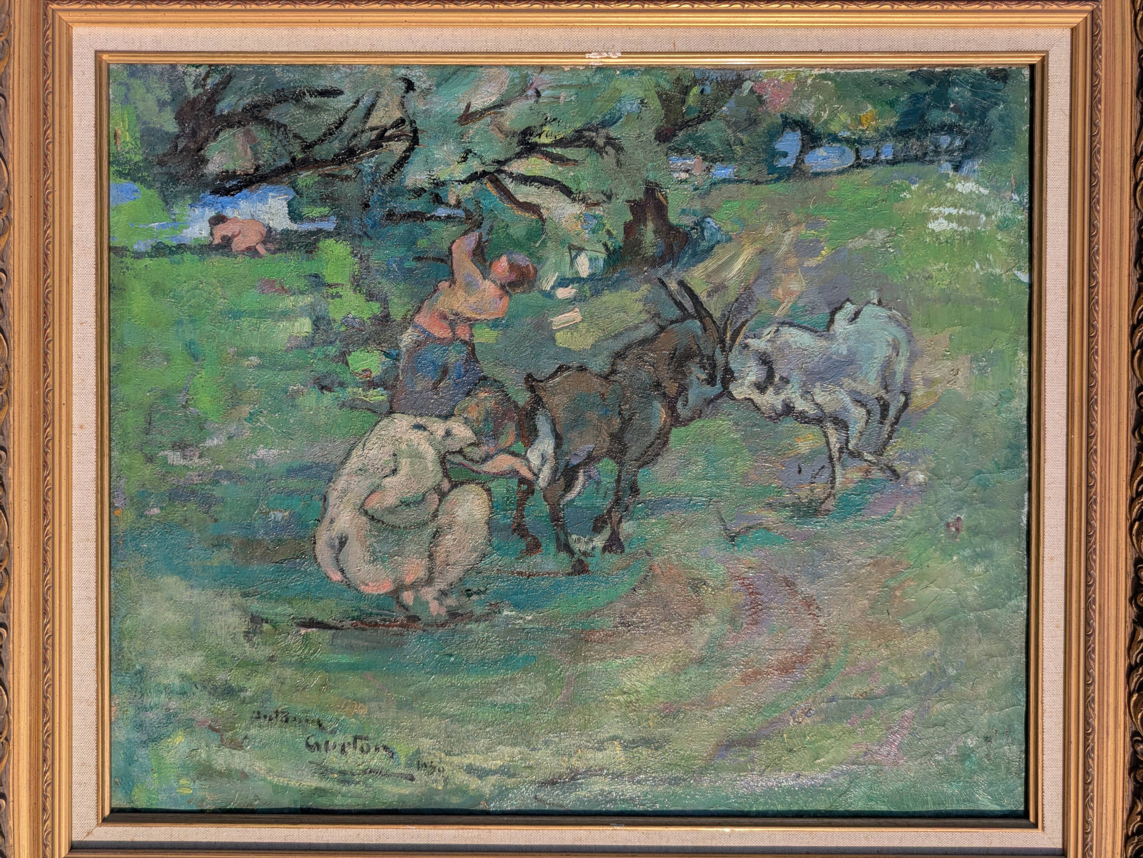 Tableau huile sur toile, chèvres et paysannes, 1930