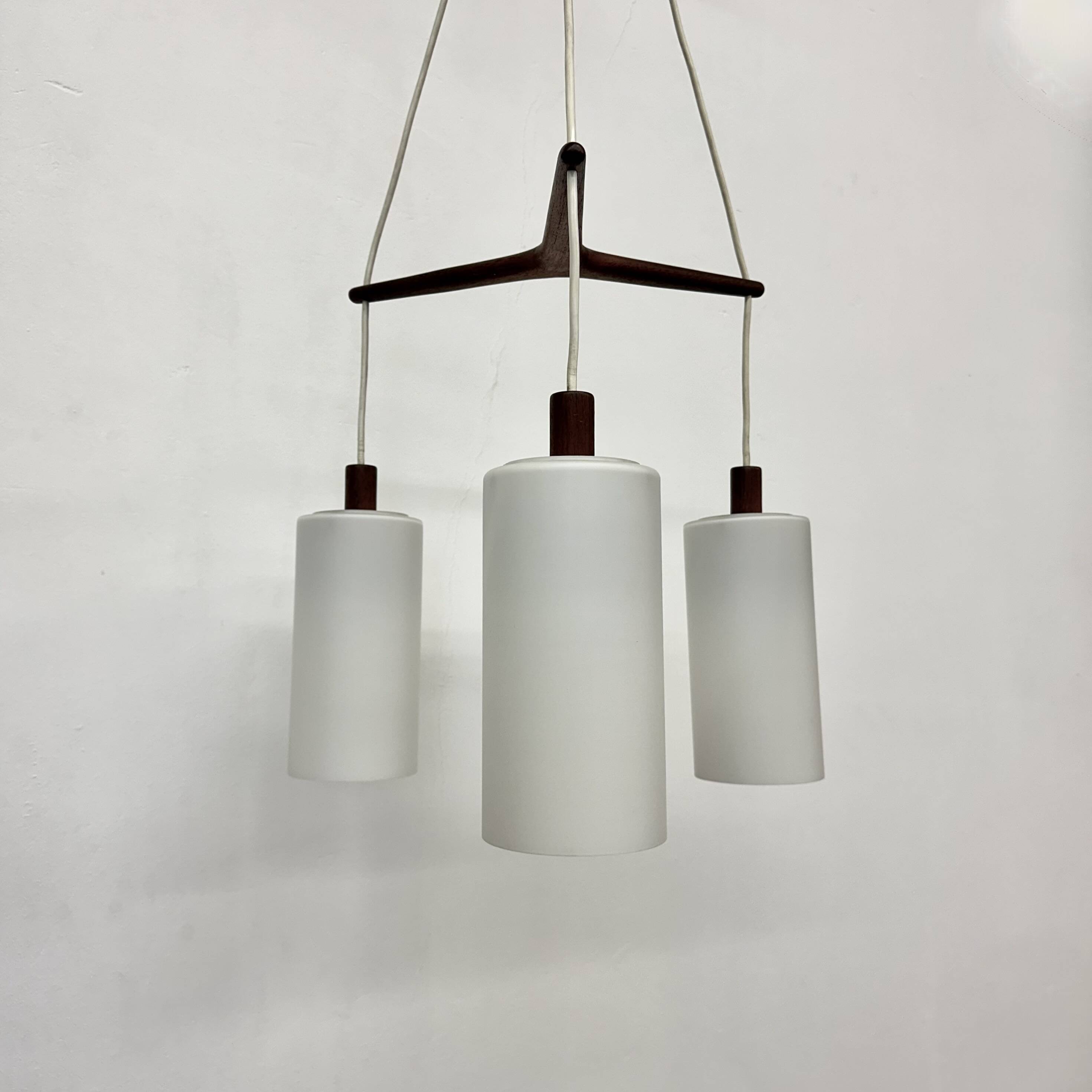 Mid-century design pendant lamp teak and opaline glass , 1970s