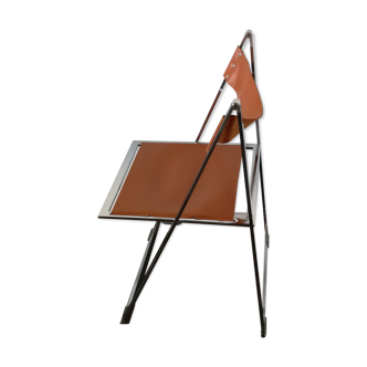 Lot de 8 chaises pliantes marron en acier chromé et en cuir de Fontoni et Geraci - 1970