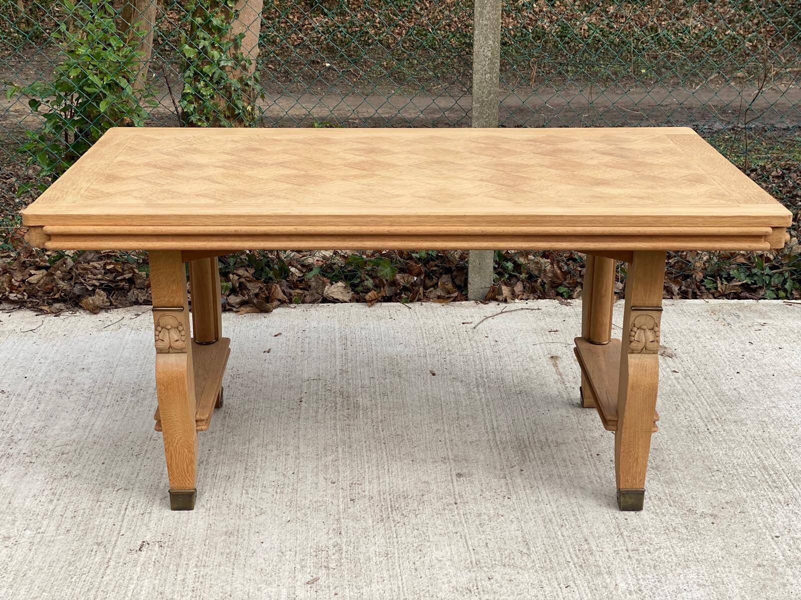 Art Deco extendable dining table renovated in raw oak and marquetry 220