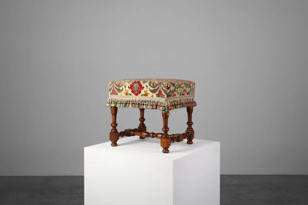 Pouf en bois et tissu du début du 20e siècle, France