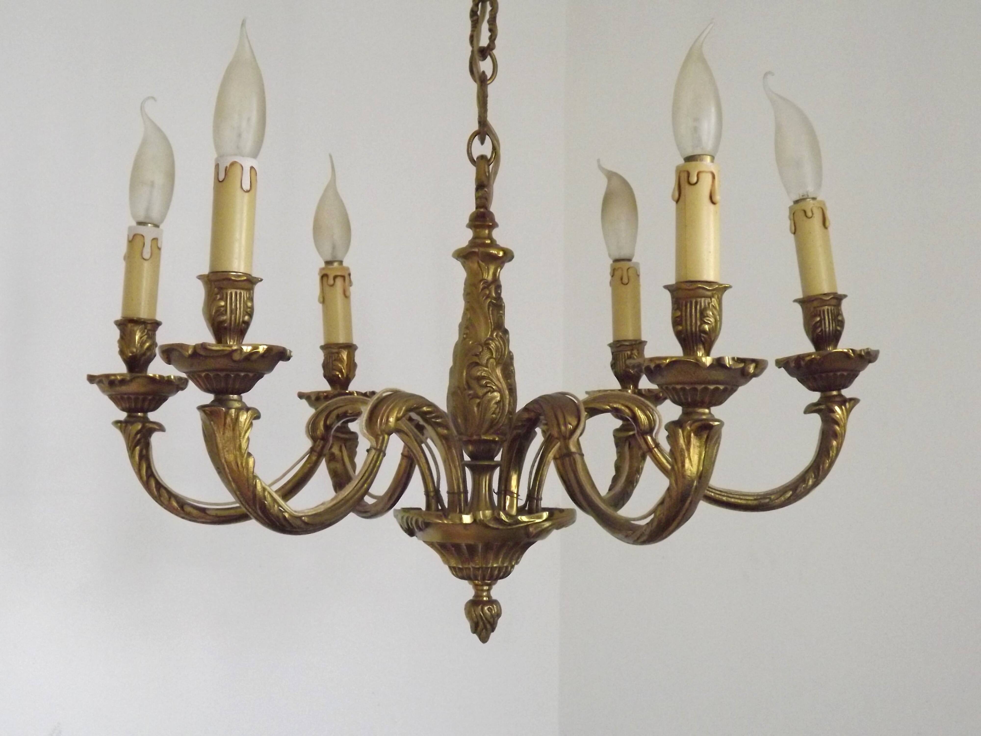 French Art Nouveau Bronze 6 Light Chandelier with Scroll Arms and Leaf Details 5583