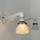 Pair of vintage art deco wall lights, porcelain and sandblasted glass, France 1930