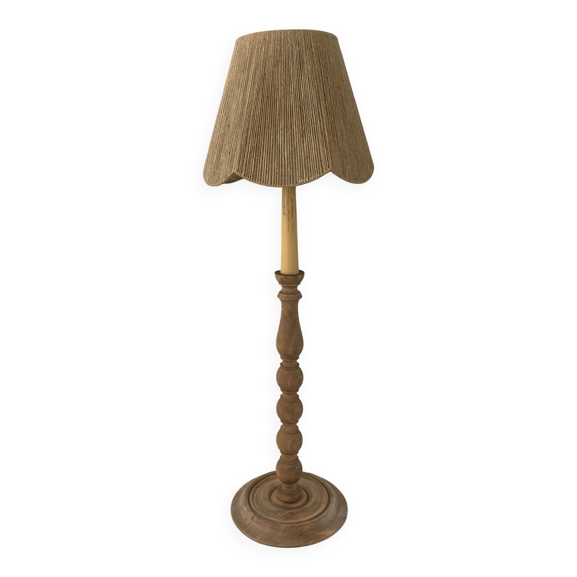 Lampadaire vintage en bois naturel et abat jour en corde années 1960