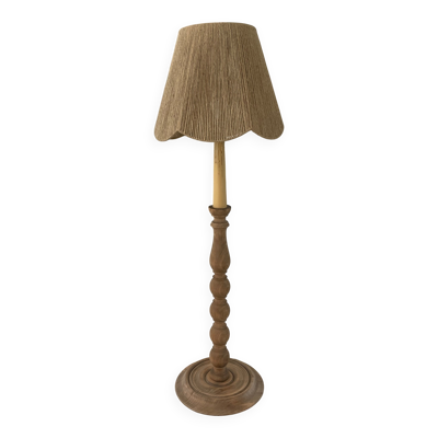 Lampadaire vintage en bois naturel et abat jour en corde années 1960