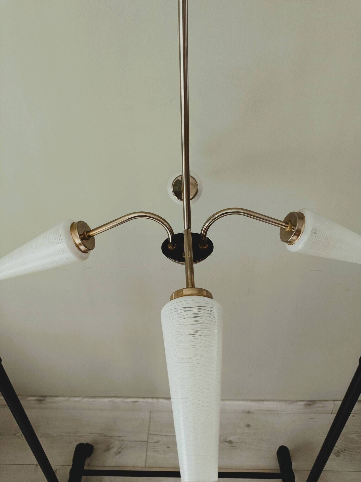 Brass chandelier with conical lampshades from the 1970s