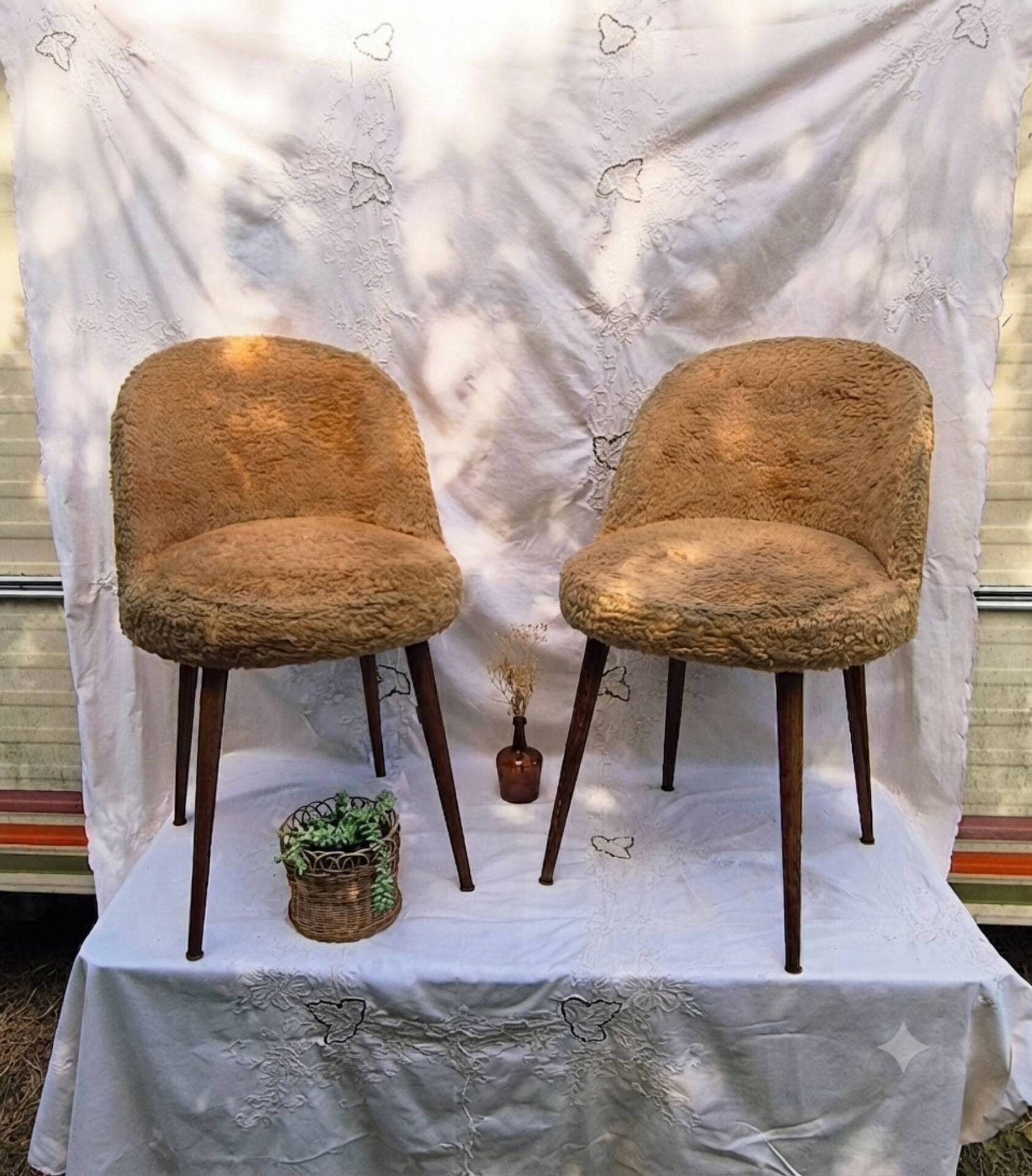 2 Scandinavian chairs with compass legs in faux fur and blue satin covers, 1970.