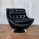Paire de fauteuils vintage pivotants en cuir noir pied tulipe